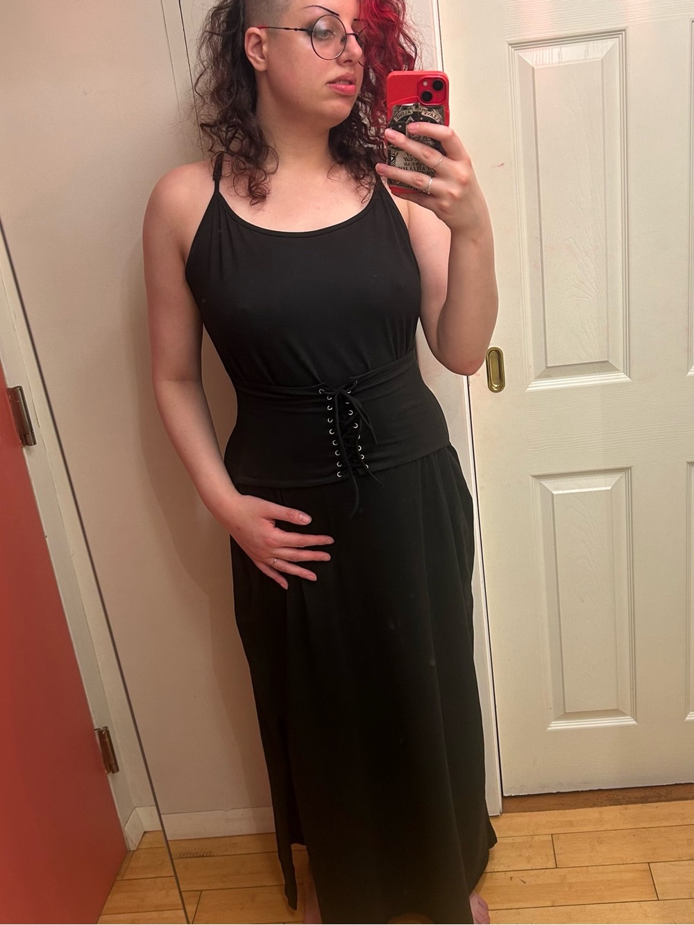 Black maxi dress with corset lacing at the waist